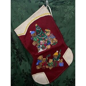 Vtg Christmas Stocking Handmade Oversized Felt Teddy Bear Appliqués Glitter Glue